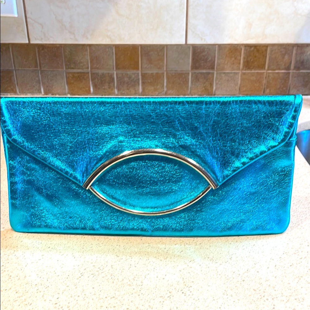 Mauricio Taiuti Metallic Teal Leather Envelope Clutch Like New!